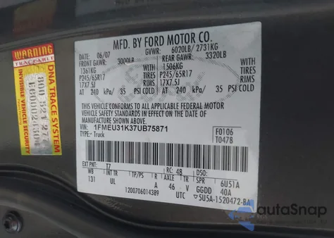 2007 Ford Explorer Sport Trac Xlt из США, поврежденный, VIN 1FMEU31K37UB75871